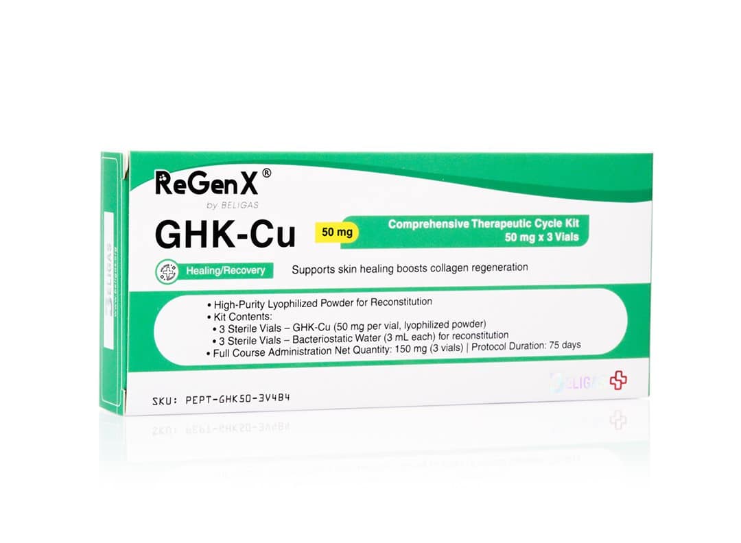 ReGenX GHK-Cu 50 mg/ml, 3 (50 mg) lahvičky + 3 (3 ml) lahvičky s vodou - Beligas (mezinárodní)